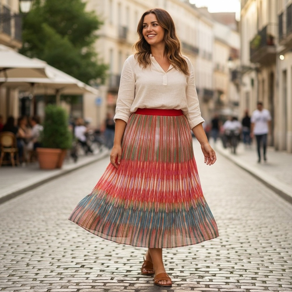 Ruby Road Plus 18 Rainbow Stripe Pleated Midi Skirt Elastic Waist Colorful Boho
